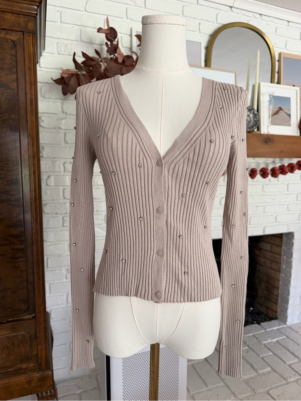 H&M Ribbed V-Neck Button Cardigan with diamond embellishments